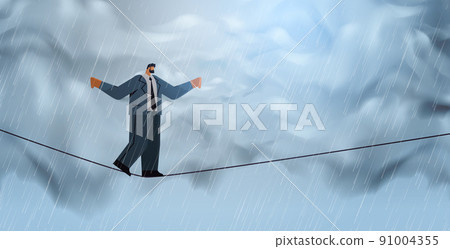 businessman walking on balancing tight rope risk challenge help in business concept horizontal 91004355