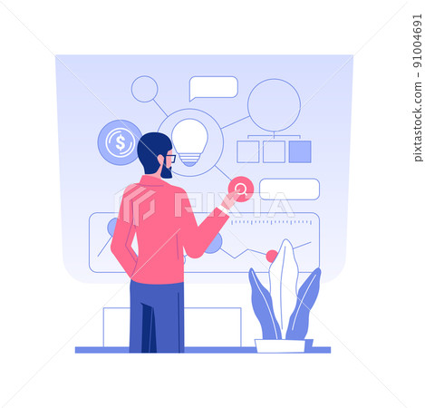 Finding business model isolated concept vector illustration. Startup owner thinking about business development, investment strategy, raising money idea, make a research vector concept. 91004691