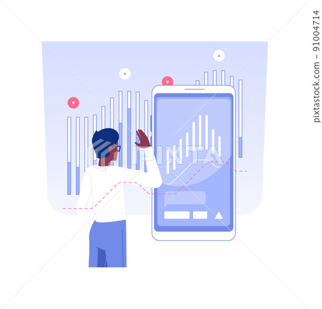 Stock trading platform isolated concept vector illustration. Stock market trader with smartphone using special app, financial literacy, investment process, raising money vector concept. 91004714