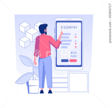 Cryptocurrency trading app isolated concept vector illustration. Man with smartphone using crypto exchange app, CFD account, coins growth, blockchain technology, raising money vector concept. 91004717
