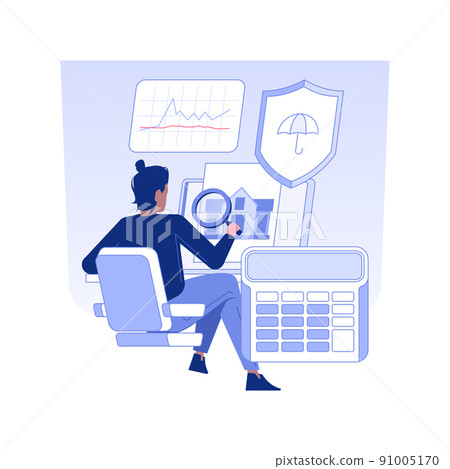 Property evaluator isolated concept vector illustration. Real estate manager deals with property evaluation, business industry, insurance company, professional broker vector concept. 91005170