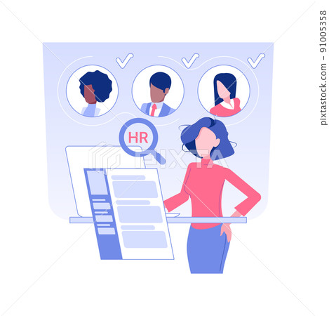 Job search isolated concept vector illustration. Woman searching for vacancy with laptop, HR management, human resources, recruiting idea, headhunting agency, building a career vector concept. Job search isolated concept vector illustration. Woman searching for vacancy with laptop, HR management, human resources, recruiting idea, headhunting agency, building a career vector concept. 91005358