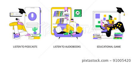 Educational resources abstract concept vector illustration set. Listen to podcasts and audiobooks, educational game, radio show, online application, gamified learning system abstract metaphor. Educational resources abstract concept vector illustration set. Listen to podcasts and audiobooks, educational game, radio show, online application, gamified learning system abstract metaphor. 91005420