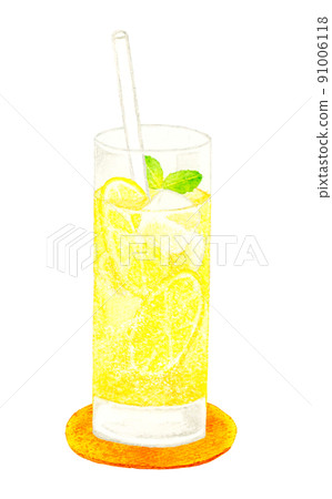玻璃杯中的檸檬水（帶吸管和杯墊）飲料用手繪水彩插圖材料 91006118