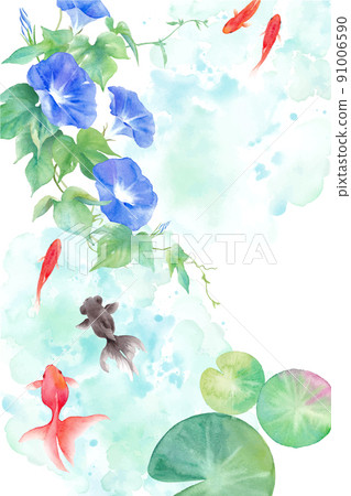 Watercolor illustration of goldfish and morning glory. Summer image. Summer greeting background. (Vector. Layout can be changed.) 91006590