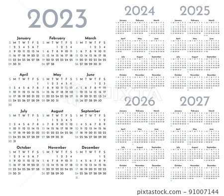 Set of monochrome monthly calendar templates for 2023, 2024, 2025, 2026, 2027 years 91007144