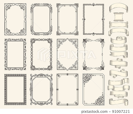 Frames and ribbons vector monochrome sketch set 91007221
