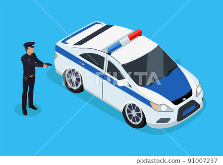 Police Officer Standing Near Patrol Car Color Card 91007237