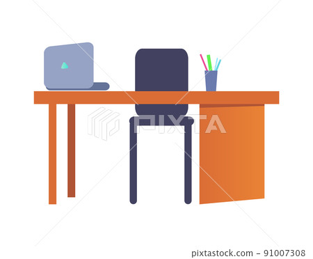 Empty Workplace with Table, Plastic Chair, Laptop Empty Workplace with Table, Plastic Chair, Laptop 91007308