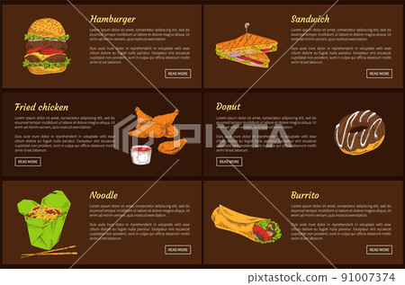 Hamburger and Noodles Set Vector Illustration 91007374