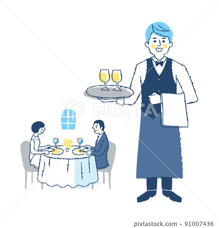 Couple dining at a restaurant with a sommelier 91007436