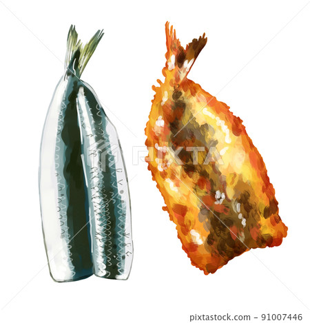 07 Hand-painted watercolor raw eagle and Iwashi fly illustration set from the back 91007446