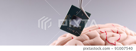 Human brain and computer chip. Microprocessor in head 91007540
