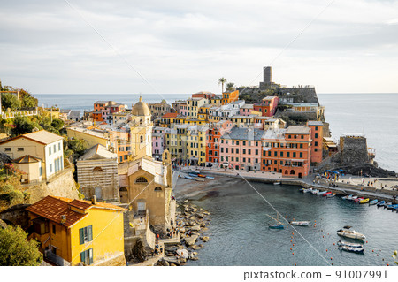 Landscape of coastline with Vernazza village in Italy Landscape of coastline with Vernazza village in Italy 91007991