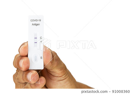Hand showing Covid-19 self antigen rapid test kit with positive result on white background with clipping path 91008360