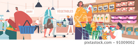 People Visiting Supermarket. Happy Man and Woman Choosing Products in Store, Old and Young Characters Walk at Shop People Visiting Supermarket. Happy Man and Woman Choosing Products in Store, Old and Young Characters Walk at Shop 91009002