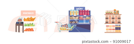 Grocery or Supermarket Interior Isolated Icons or Design Elements. Store With Shelves and Products, Scales on Desk 91009017