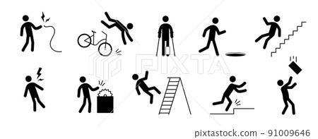 Accident pictogram man icon. Ladder falling, injury leg, bike accident pictogram sign set. Warning, electric shock, danger icon stick man 91009646