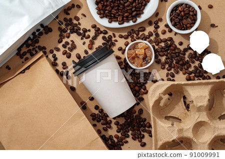 Blank brown kraft paper pouch bag with coffee beans and paper cup for your design Blank brown kraft paper pouch bag with coffee beans and paper cup for your design 91009991