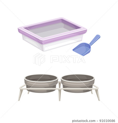 Plastic toilet for pets and double raised stainless food bowls. Pet supplies and accessories set cartoon vector illustration 91010086