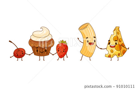 Fast food set. Cupcake and berries, cheese and pasta are friends forever cartoon vector illustration Fast food set. Cupcake and berries, cheese and pasta are friends forever cartoon vector illustration 91010111