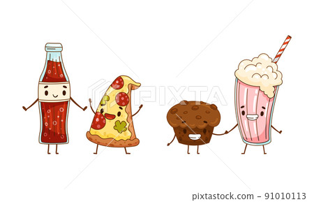 Fast food set. Muffin and milkshake, soda drink and pizza are friends forever cartoon vector illustration Fast food set. Muffin and milkshake, soda drink and pizza are friends forever cartoon vector illustration 91010113