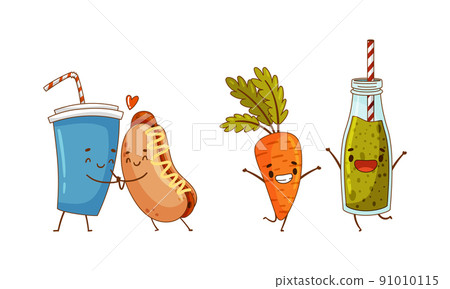 Fast food set. Soda drink and hot dog, carrot and smoothie are friends forever cartoon vector illustration Fast food set. Soda drink and hot dog, carrot and smoothie are friends forever cartoon vector illustration 91010115