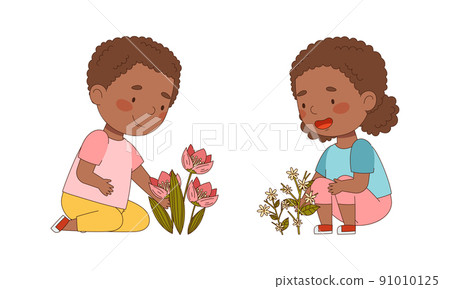 Happy little boy and girl with spring or summer flowers set cartoon vector illustration 91010125