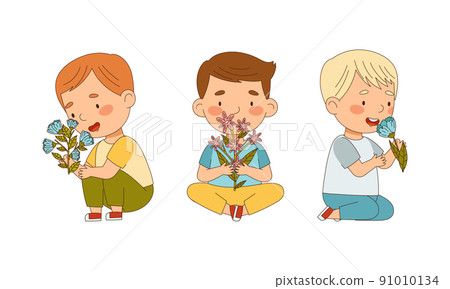 Happy little boys holding and smelling spring flowers set cartoon vector illustration 91010134