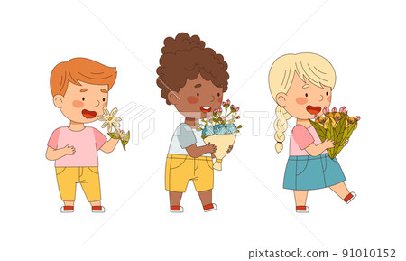 Cute kids holding bouquet of spring flowers set cartoon vector illustration 91010152