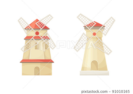 Wooden rural windmills set. Farm agricultural buildings vector illustration 91010165