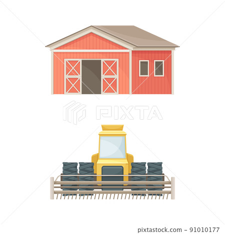 Red wooden barn farm agricultural building and tractor harvester industrial vehicle vector illustration Red wooden barn farm agricultural building and tractor harvester industrial vehicle vector illustration 91010177
