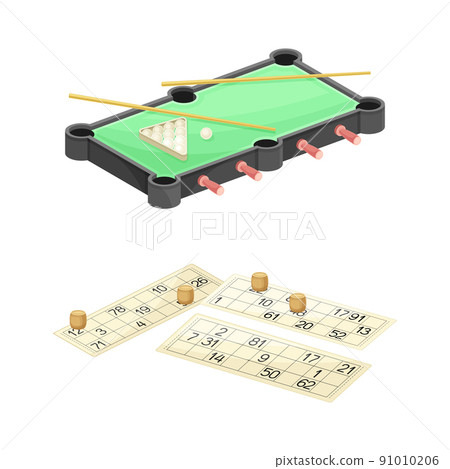 Billiard and lotto board games for adults and children set vector illustration Billiard and lotto board games for adults and children set vector illustration 91010206