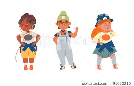 Set of cute little children wearing fashionable stylish clothes listening music and waving hand in greeting vector illustration 91010210