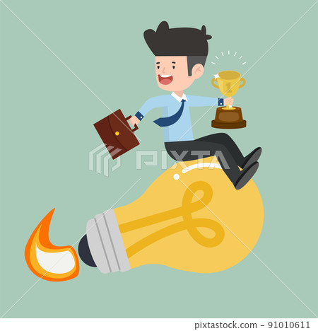 Businessman riding light bulb rocket Idea concept 91010611
