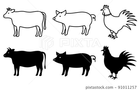 Pig, cow, chicken silhouettes and line drawings Pig, cow, chicken silhouettes and line drawings 91011257