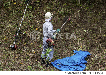 用電動割草機切割雜草叢生的種植園主 91011531