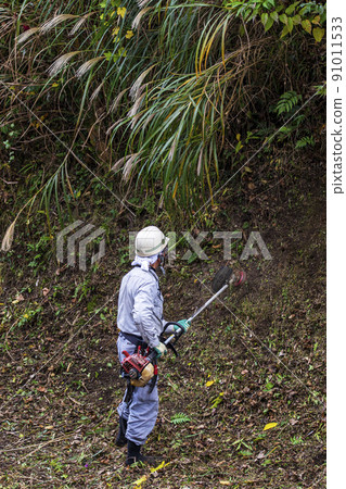 A planter who cuts thickly overgrown weeds with an electric mower 91011533