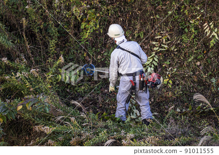 用電動割草機切割雜草叢生的種植園主 用電動割草機切割雜草叢生的種植園主 91011555