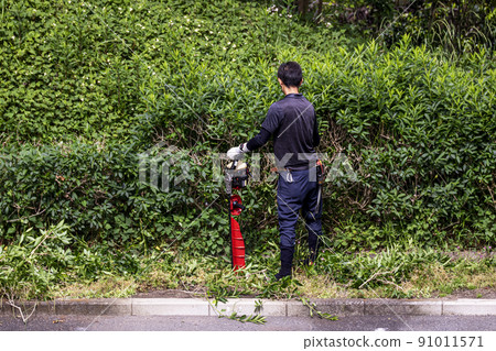 用電動割草機修剪雜草的種植者 用電動割草機修剪雜草的種植者 91011571