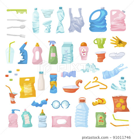Plastic waste. Recycling garbage empty boxes and bottles package pile recent vector cartoon illustrations Plastic waste. Recycling garbage empty boxes and bottles package pile recent vector cartoon illustrations 91011746