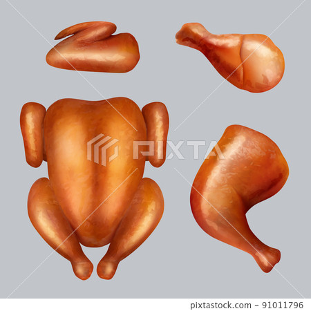 Grill chicken. Realistic fryed birds on dishes cooking delicious food on plate decent vector chicken illustrations 91011796