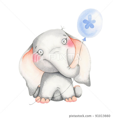 Baby elephant with a balloon, watercolor animals. Isolated on white background. For birthday invitations, print, baby shower, baby decorations, poster, greeting card. Baby elephant with a balloon, watercolor animals. Isolated on white background. For birthday invitations, print, baby shower, baby decorations, poster, greeting card. 91013660