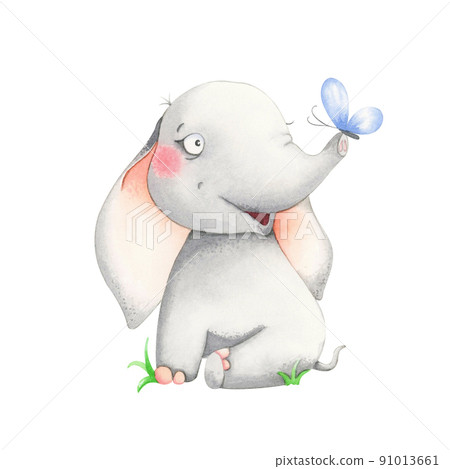elephant calf fly with balloon watercolor animals illustration Isolated on white background, for cover book, print, baby shower, nursery decorations, birthday invitations, poster, greeting card, 91013661