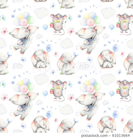 Watercolor pattern with baby elephants and mice Watercolor pattern with baby elephants and mice 91013664