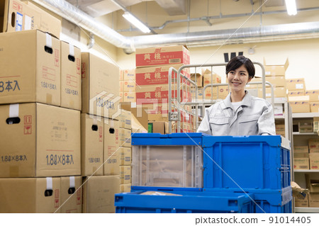 Logistics / transportation industry: Women carrying luggage on trolleys 91014405