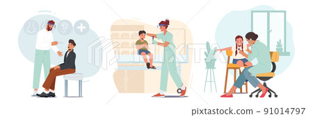 Set of Cute Children Visit Doctor Otolaryngologist Office. Kids Characters at Physician Consultation or Check Up Set of Cute Children Visit Doctor Otolaryngologist Office. Kids Characters at Physician Consultation or Check Up 91014797
