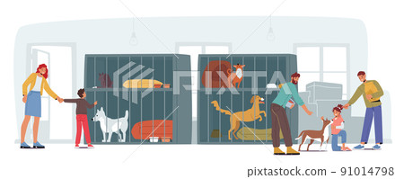 Pound, Rehabilitation or Adoption Center for Stray and Homeless Animals. Smiling Family Parents and Kids Adopting Pet Pound, Rehabilitation or Adoption Center for Stray and Homeless Animals. Smiling Family Parents and Kids Adopting Pet 91014798