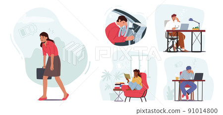 Set of Tired People, Drowsy Workers in Office, Sleepy Driver in Car, Student with Books. Overworked Characters 91014800