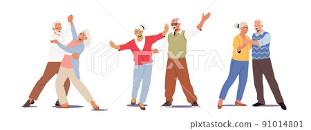 Senior Couples Dance, Elderly People Romantic Loving Relations Concept. Happy Old Men and Women Dancing or Dating 91014801